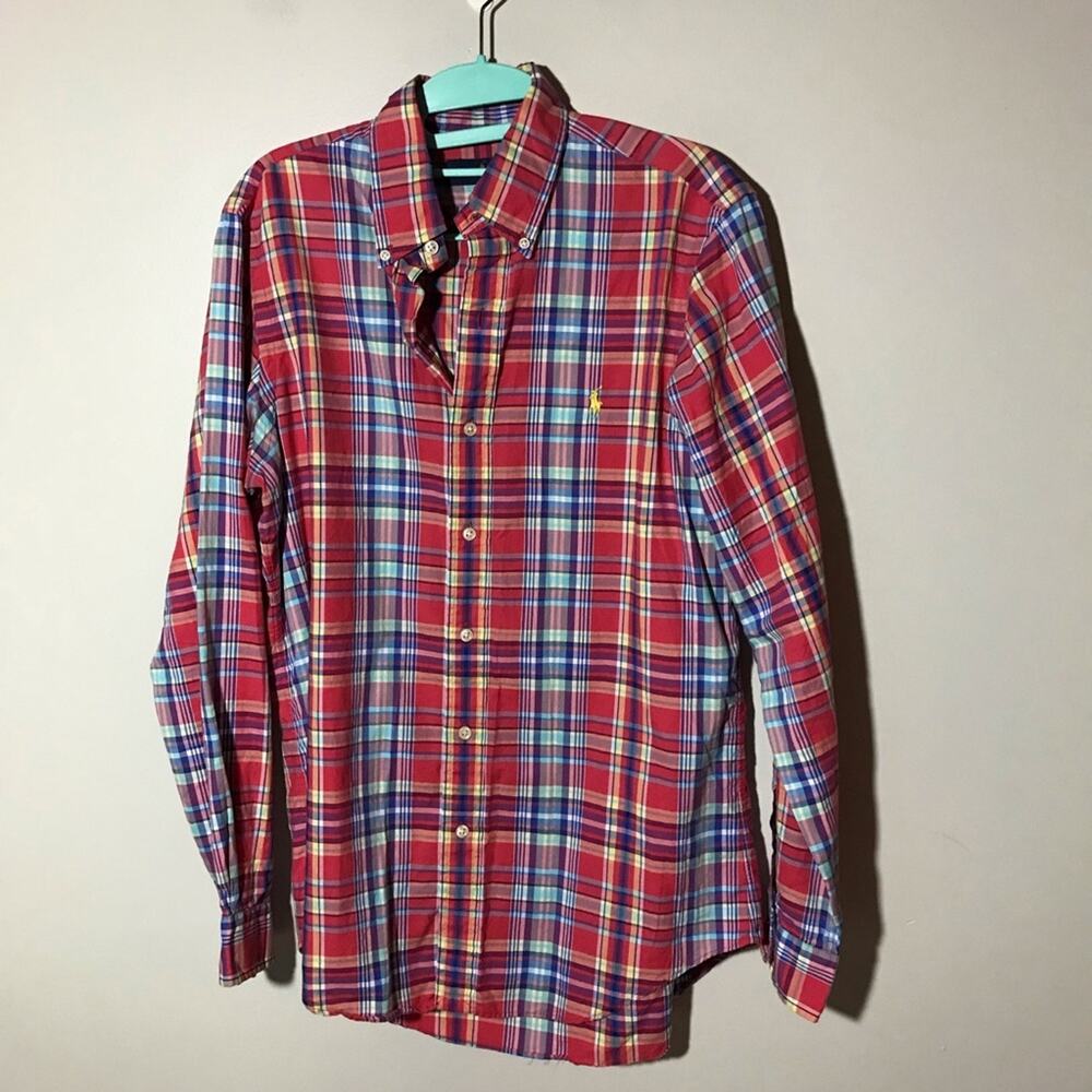 Ralph Lauren mens S cotton long sleeve button down madras plaid shirt preppy